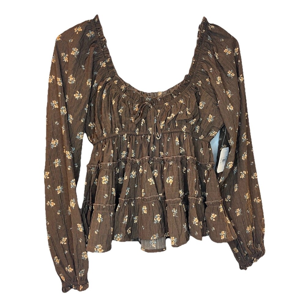 Altar'd State XS Brown Floral Off Shoulder Top Smocked Peplum Boho NWT